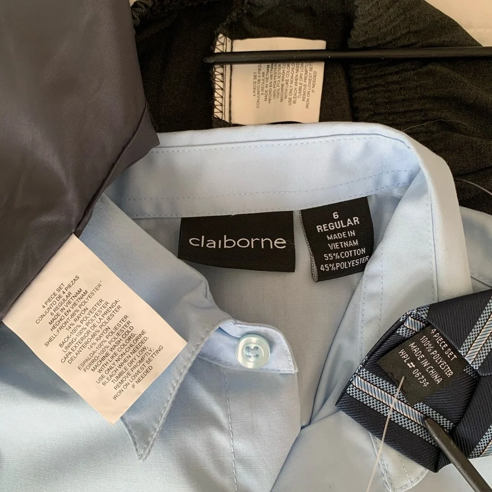 NWT Claiborne Suit Set Boys Size 6R Blue Gray 4 PC Vest Shirt Pants Clip On Tie